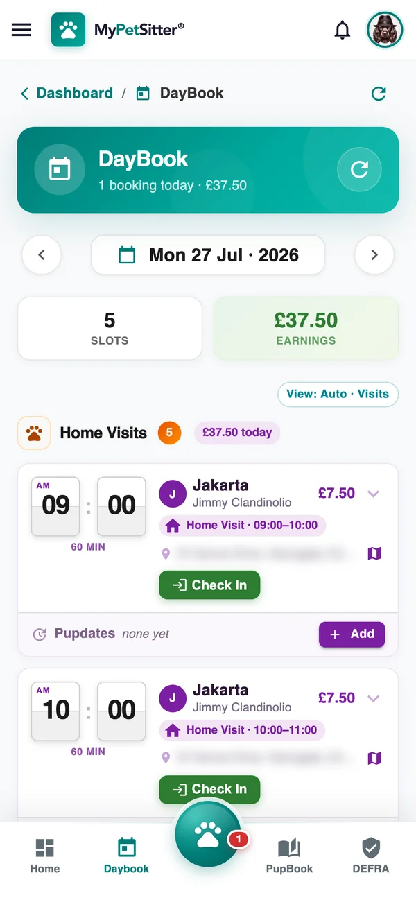 A walker’s DayBook on a phone for Monday 27 July 2026: 5 slots and £37.50 earnings, then Home Visits for a dog called Jakarta at 09:00 and 10:00, 60 minutes each at £7.50, each with a Check In button and a place to add Pupdates. The client’s address is blurred.